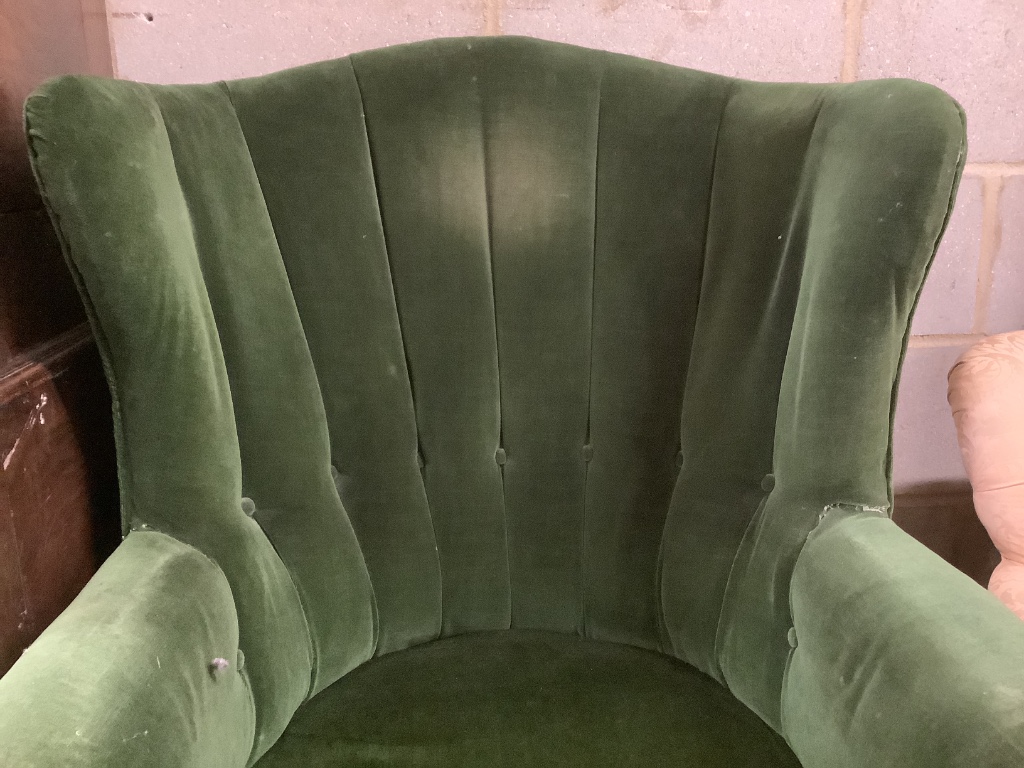 A George III mahogany wing armchair, on squared tapered legs, width 75cm